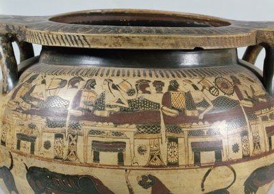 (detail) of a Corinthian krater with a banquet scene, c.590-575 BC by Athana Painter